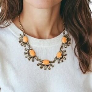 J. Crew Antique Gold Rhinestone Crystal‎ Pave Peach Cluster Statement Necklace